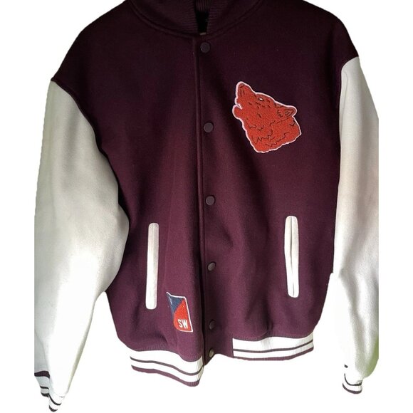 Zara Letterman Jacket Burgundy White Cream Wolf Men’s Jacket Sz Large NWT - Picture 2 of 16